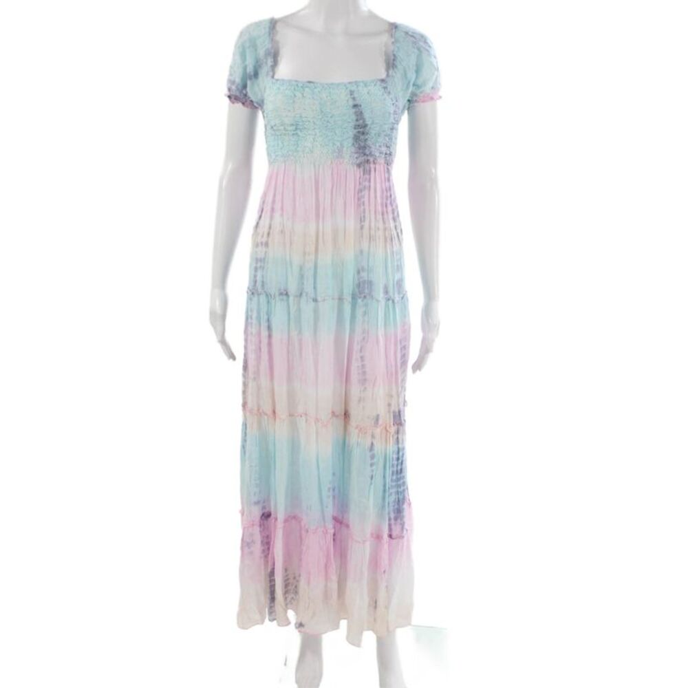 Lani Lau Women Tiered Dress Multicolor Square Neck Short Sleeve Midi Size S